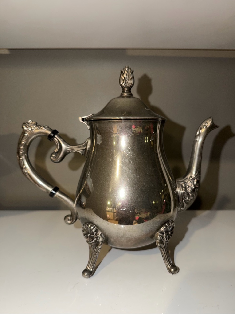 Silver Teapot with Ornate Floral Legs and Handle - Silver